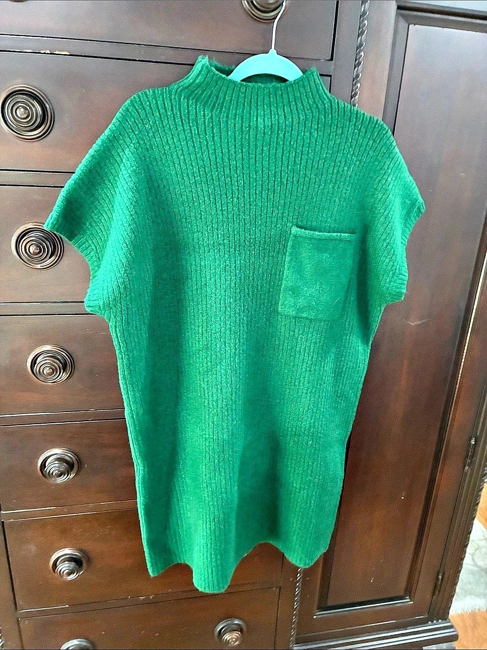 ZENANA Mock Neck Ribbed Sweater Dress with Pocket Green Large